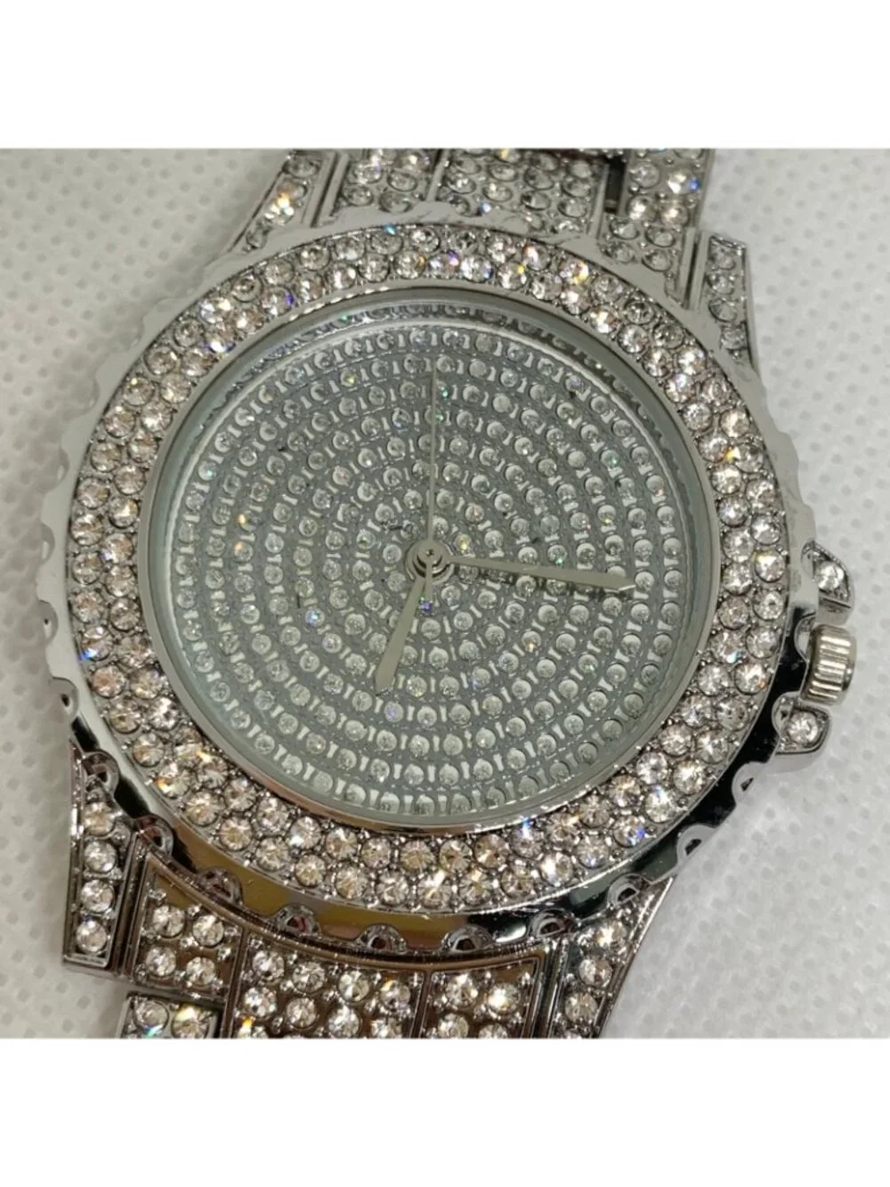 Men’s silver tone iced watch quartz analog 39mm rhinestones up to 8.5” running